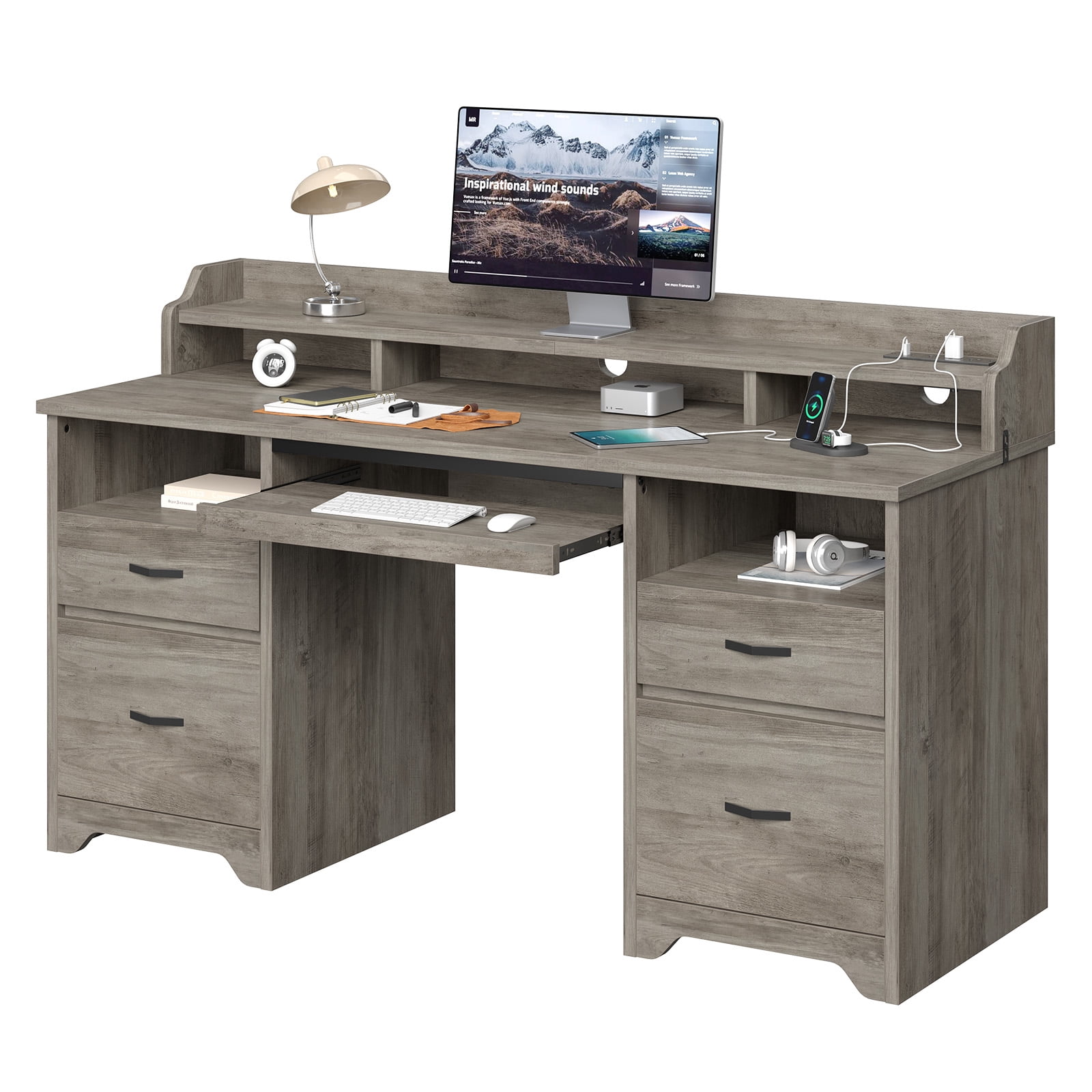 Bestier Farmhouse Executive Desk with Drawers, 59" Wood Computer Desk with Charging Station, Home Office Desk with Keyboard Tray & Monitor Stand，File Cabinet Sturdy Desk for Work Study, Gray
