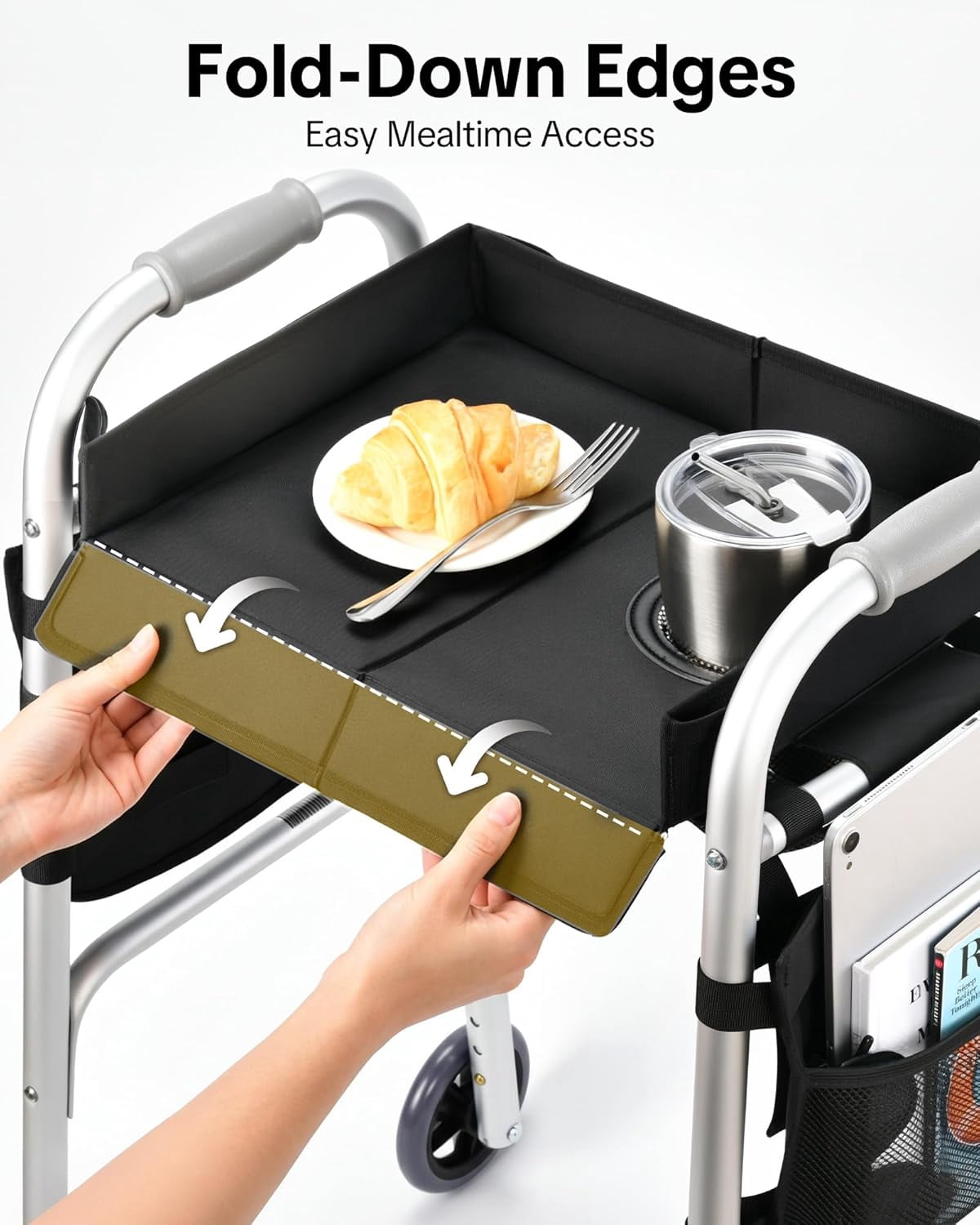 Folding Walker Tray with Cup Holder & Side Pockets, Spill-Proof Dining Tray for Rolling Walkers