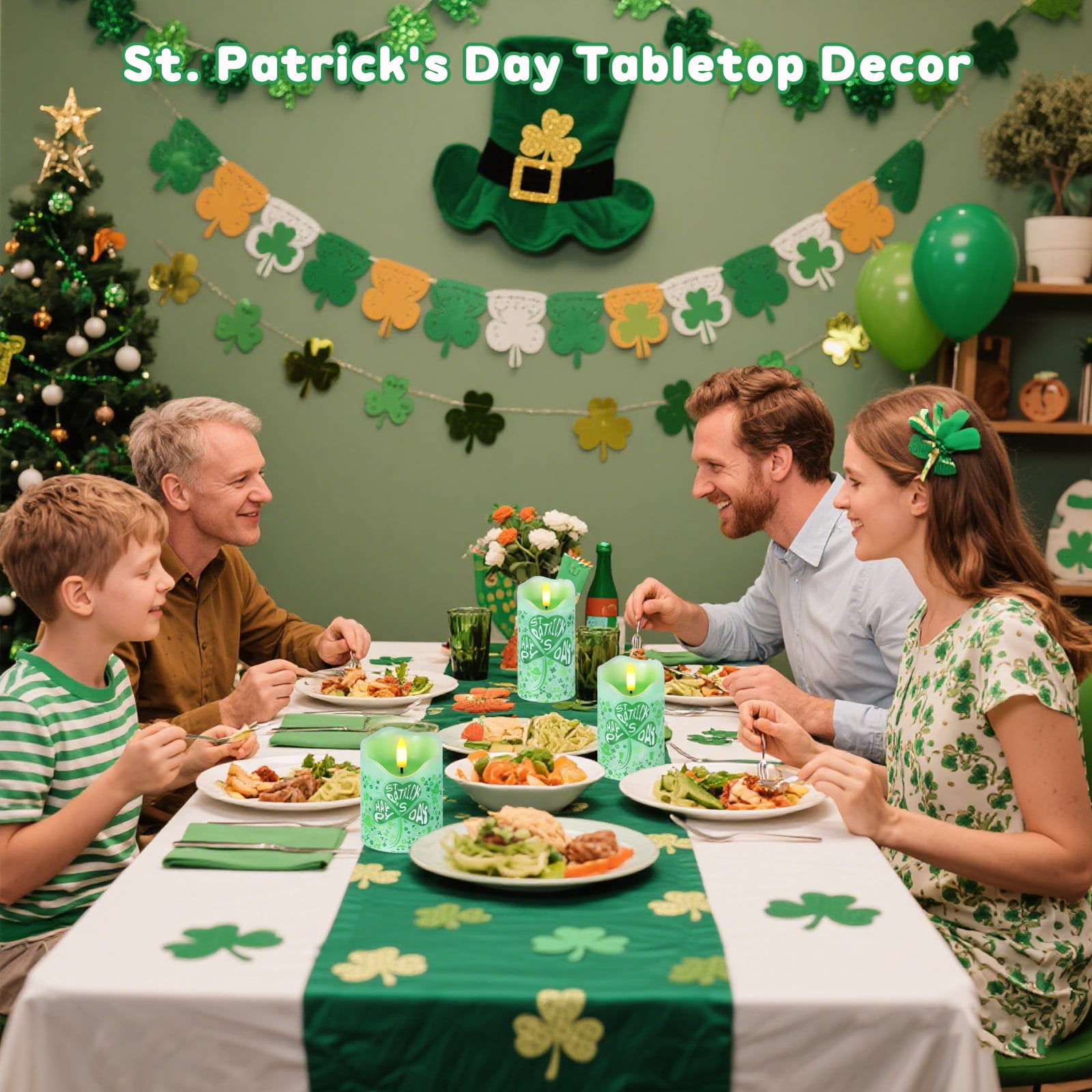 St. Patrick's Day Flameless Candles, Set of 3 Flickering Shamrock LED Candles with Remote & Timer, Dimmable Electric Pillar Candles Battery Operated, Green Candles for Home St. Patrick's Day Decor