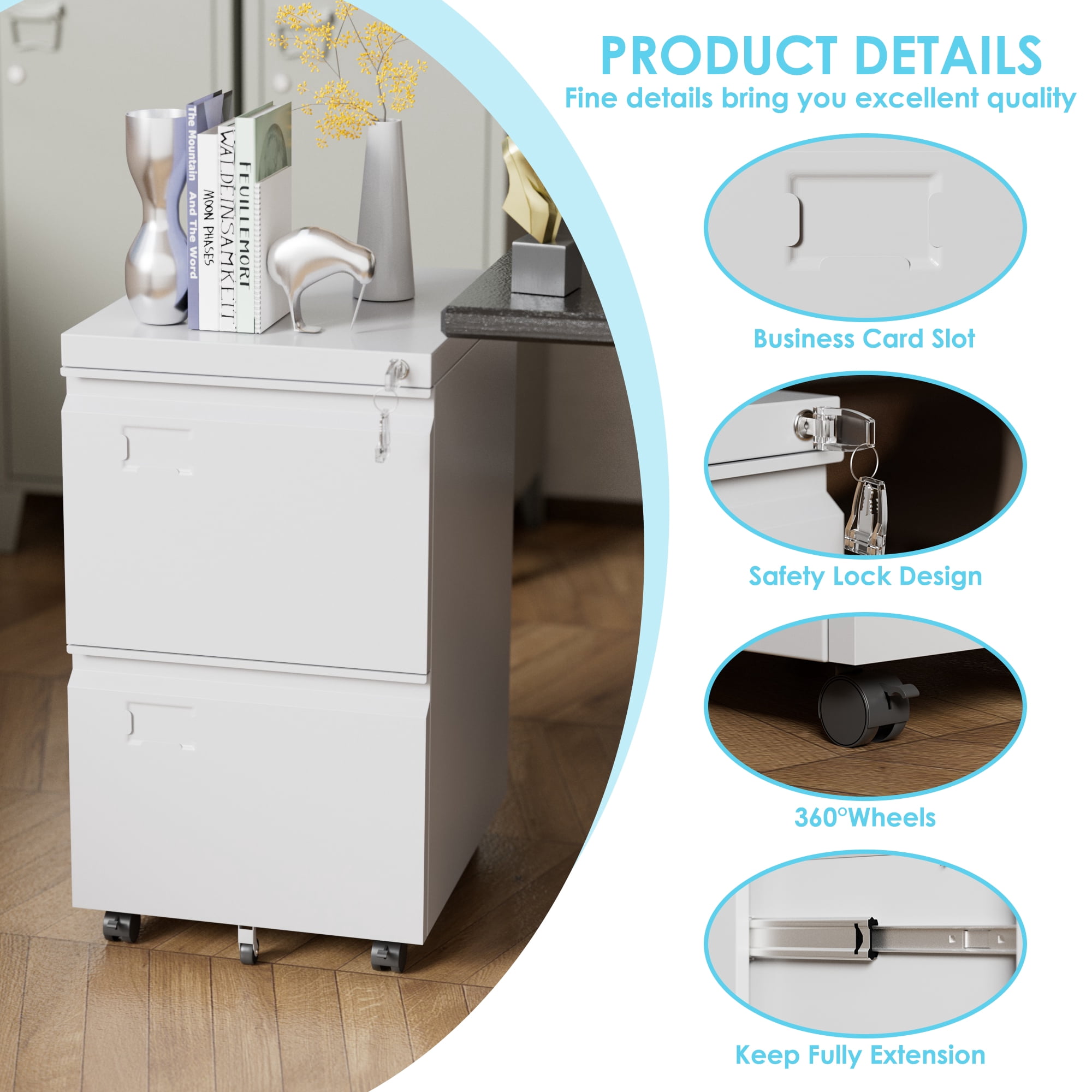 HUAXRON 2 Drawer Black Mobile File Cabinet with Lock, Under Desk Metal Movable Filing Cabinet, Lateral Storage Cabinet for Home Office, Assembly Required (White)