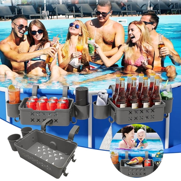 Pool Side Storage Basket with Cup Holder, Above Ground Pool Accessories Swimming Pool Hanging Storage Baskets Large Capacity Durable Pool Organizers for Towels