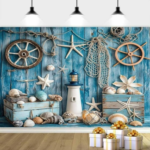 15x10ft Summer Nautical Photography Backdrop, Nautical Photography Backdrop Blue Wooden Nautical Backdrop Summer Party Photo Background Birthday Baby Shower Photoshoot Studio Props