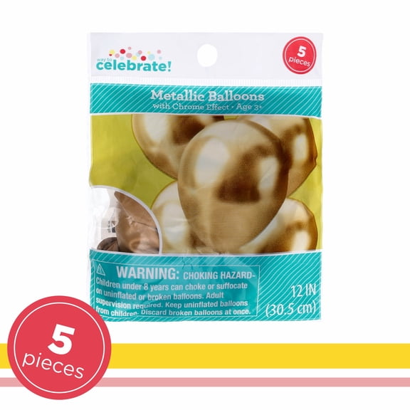 12" Gold Metallic Latex Balloons with Chrome Effect, 5 Pieces, by Way To Celebrate