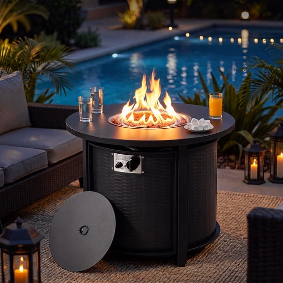 Nuu Garden Outdoor  Metal 30'' Round Propane Fire Pit Table with Rattan Embossed Pattern, CSA-Certified 2 in 1 Patio Round Gas Fire Pit, Black