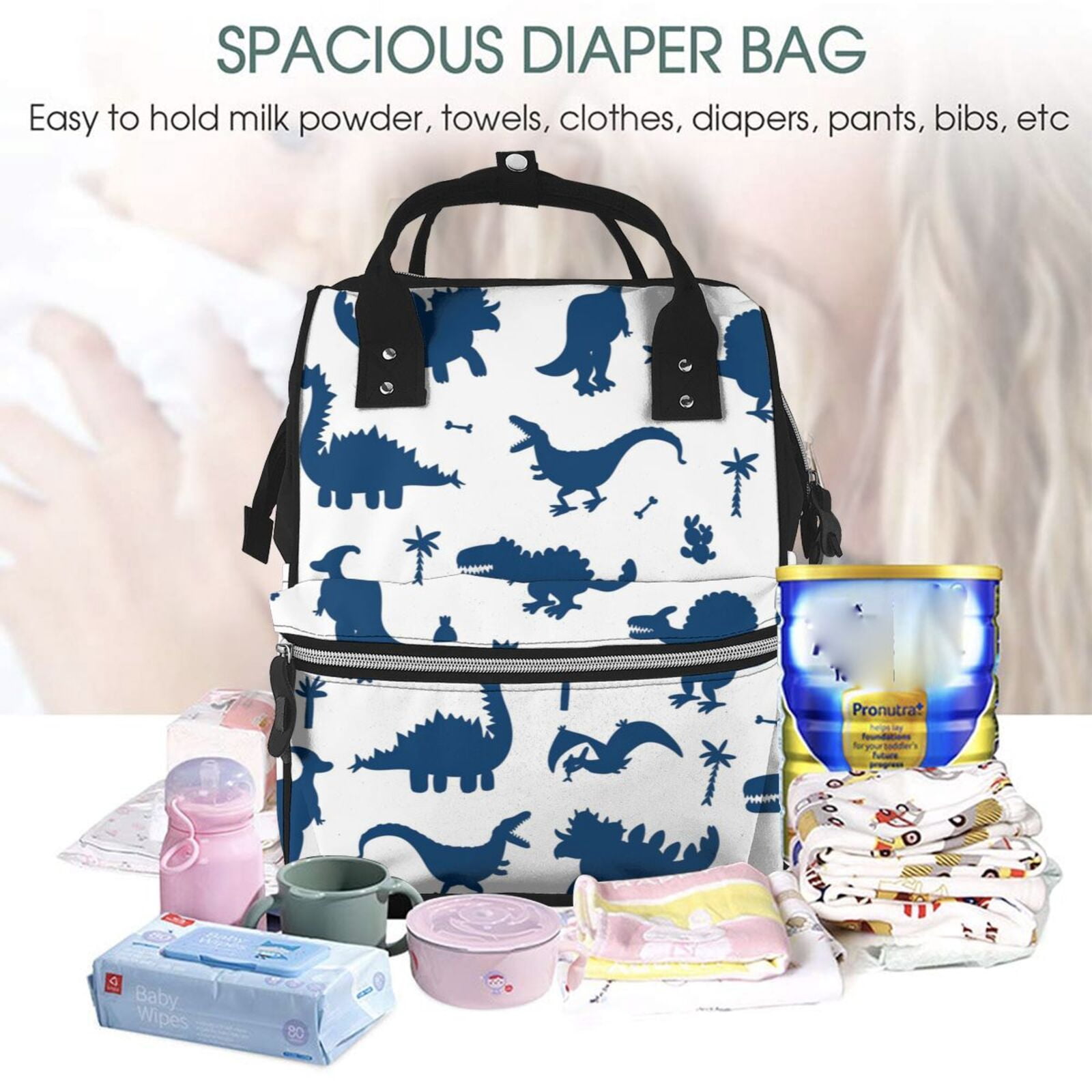 Ratiio Cute Cartoon Dinosaurs Mummy Backpack - Waterproof Twill Canvas, Large Capacity Diaper Bag with Multiple Pockets and Adjustable Straps