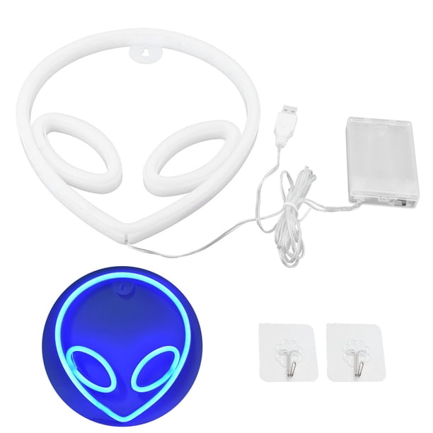 Letrero de neón Alien Innovador colgante de pared Luz de noche decorativa Funciona con pilas/USB Azul