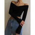 thumbnail image 2 of Women Off Shoulder Twist Front Long Sleeve Crop Top Solid Color Slim Fitted Casual Going Out Blouse, 2 of 11