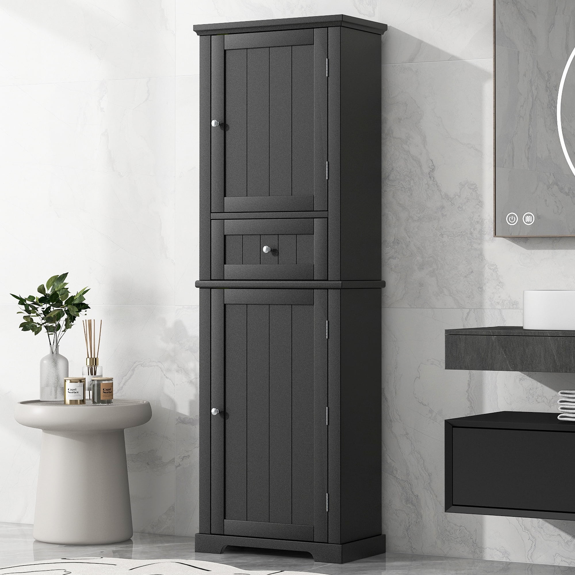 Euroco Tall Bathroom Storage Cabinet, Freestanding Storage Cabinet with Drawer and Adjustable Shelf, MDF Board with Painted Finish, Black
