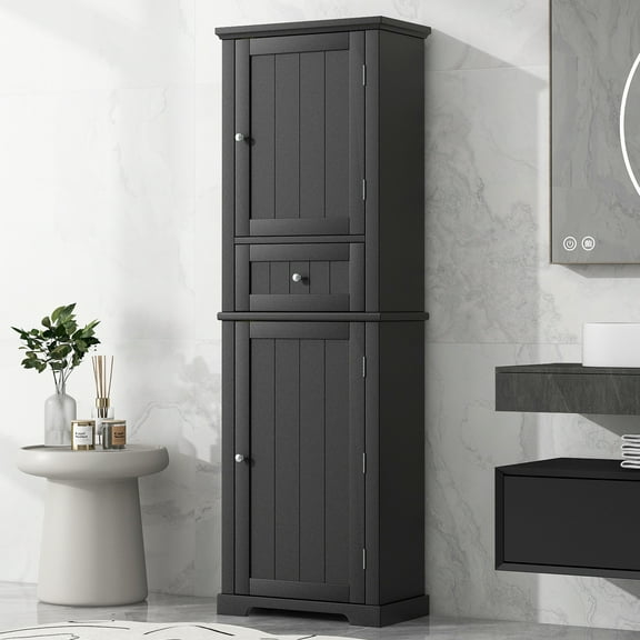 Nmkwnr 2 Door Tall Bathroom Storage Cabinet with 1 Drawer and 5 Inner Shelf, Freestanding Storage Cabinet for Living Room, Bathroom, Black
