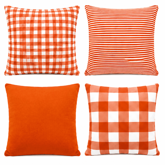 Terracotta Throw Pillow Covers 18x18 Inch Set of 4, Double-Sided Plush Buffalo Plaid Gingham Stripe Solid Decorative Pillow Cases for Sofa Couch Bed Living Roo
