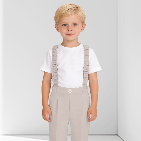 Boys Suspenders Suit Pants, Solid Color Straight Leg Dress Pants with Elastic Straps, Kids Formal Trousers for School, Wedding and Special Occasions Beige 100