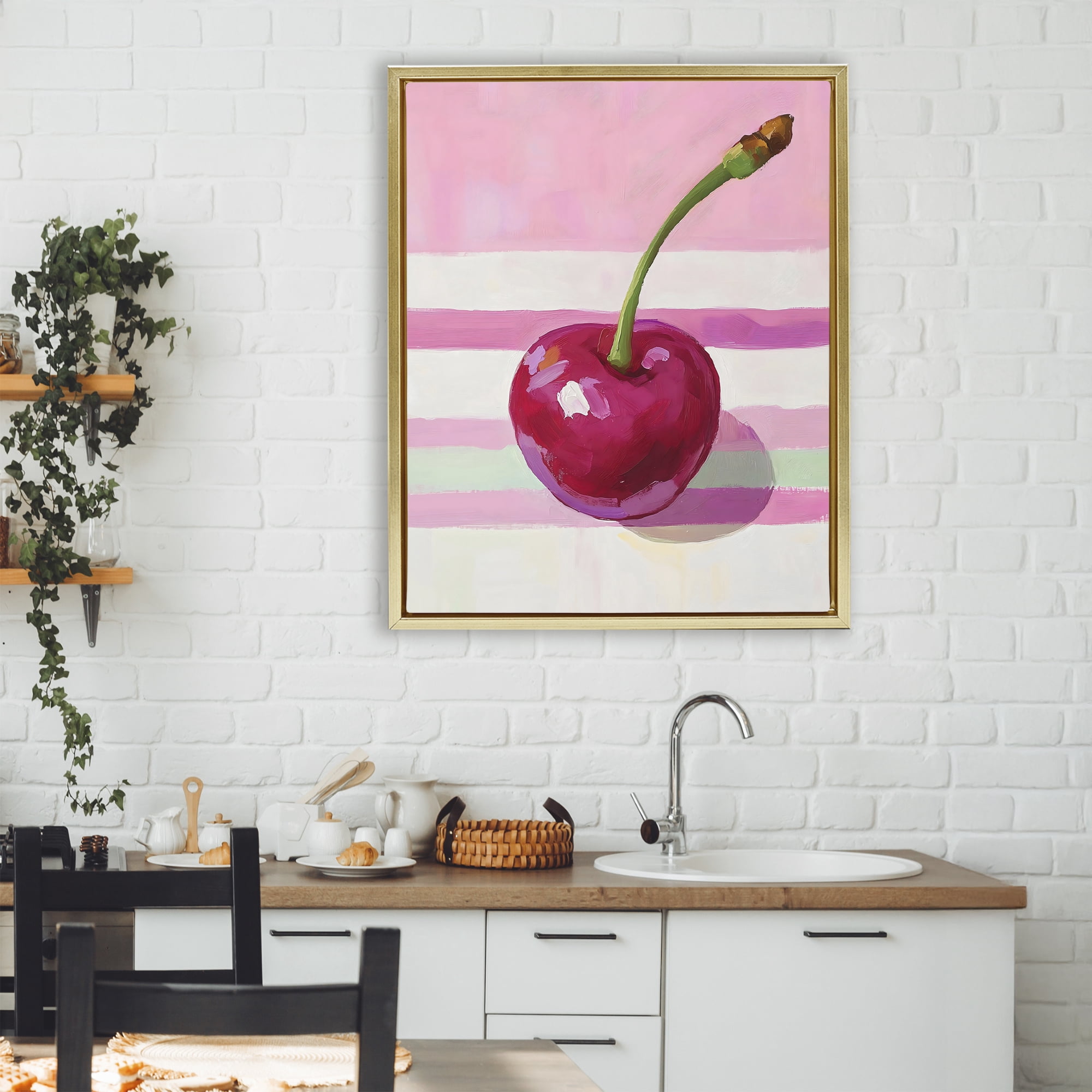 Stupell Industries Cherry on Pink Stripes Gold Framed Floater Canvas Wall Art, design by The Prints Vibe