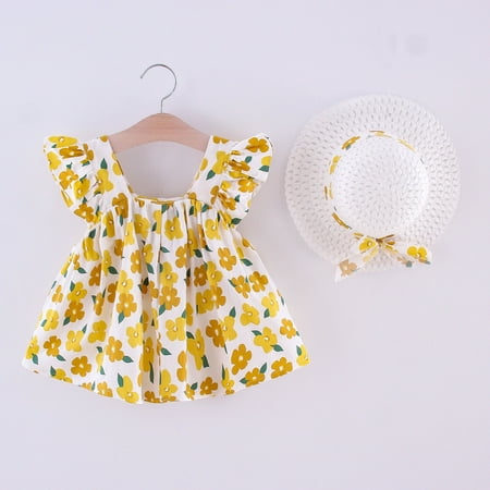 

Hunpta Strawhat Toddler Outfits Dress Baby Clothes+Bowknot Ruched Ruffles Girls Floral Girls Dress&Skirt