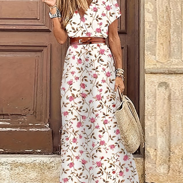 Vestido maxi largo floral de manga corta para mujer, vestido casual de noche de fiesta boho para mujer, ropa de mujer