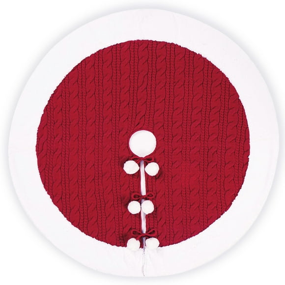 Christmas Red Tree Skirt - White Faux Fur and Red Knitted Design Large Xmas Tree Rug Christmas Decorations Indoor Christmas Tree Ornaments