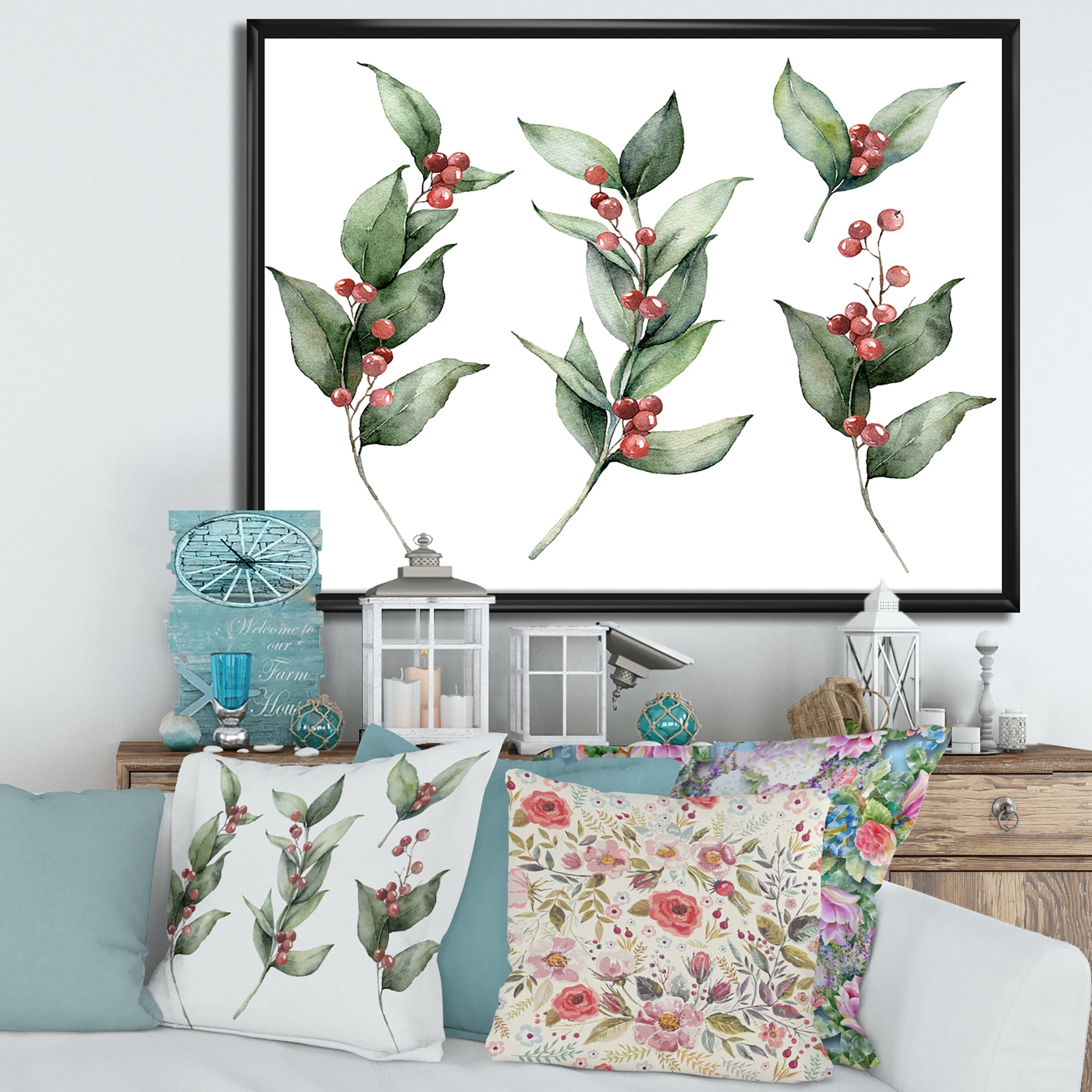 Designart 'Christmas Set Red Berrie With Branches' Traditional Framed Canvas Wall Art Print