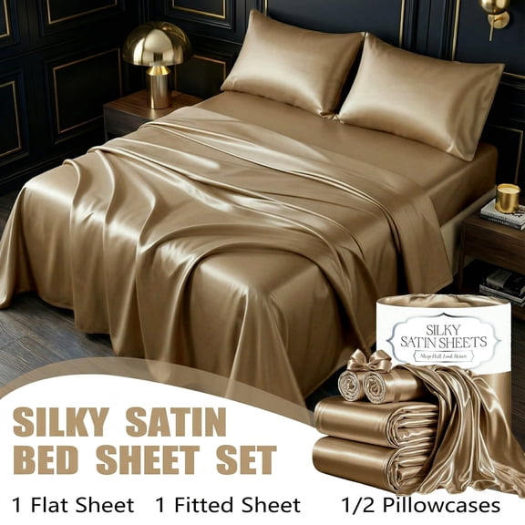 3/4-Piece Luxury Satin Bedding Set, Silky Soft Bed Sheet Set with Deep Pocket Fitted Sheet & Pillowcases(brown,Full)