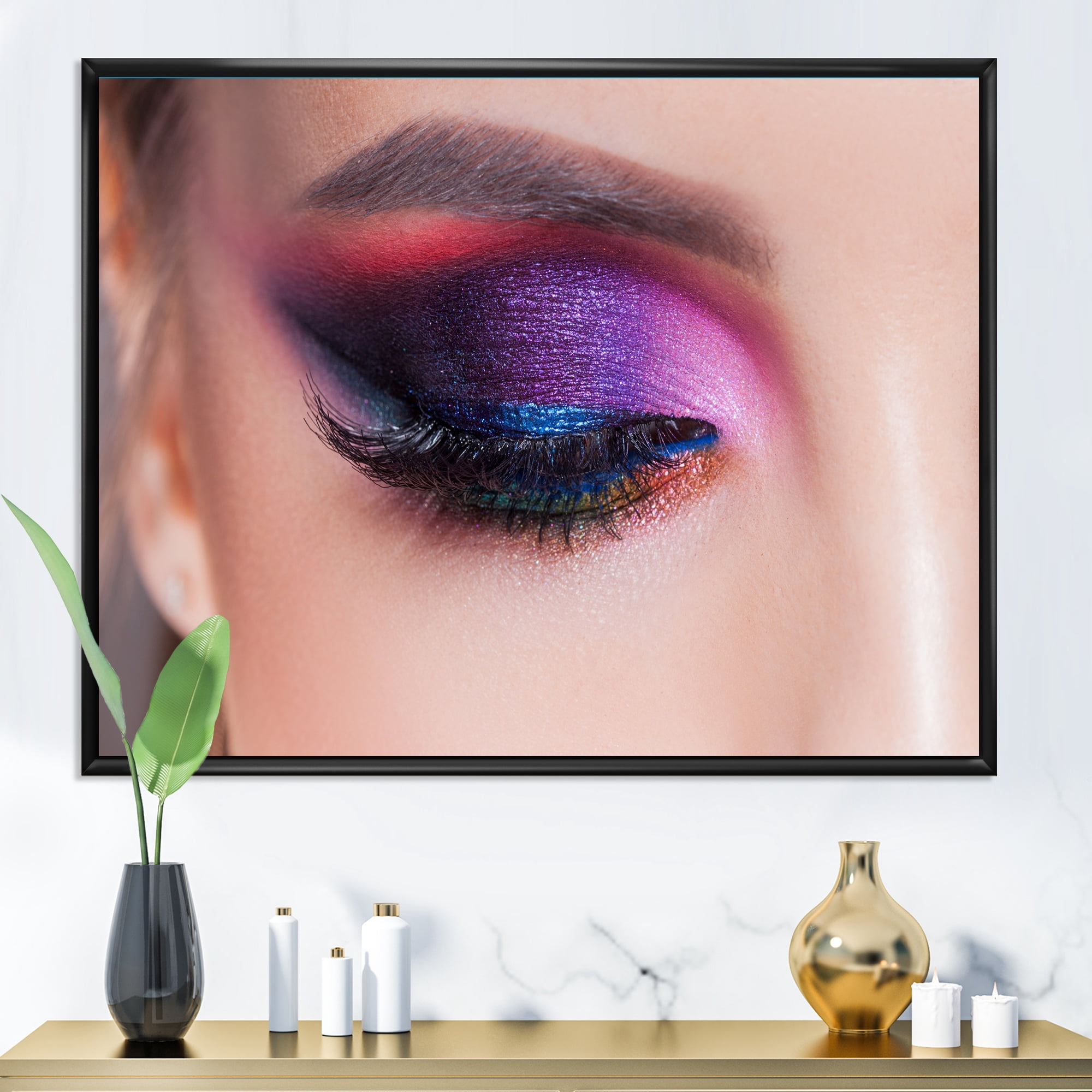 Designart 'Bright Eye Makeup In Luxurious Blue And Pink Shades' Modern Framed Canvas Wall Art Print