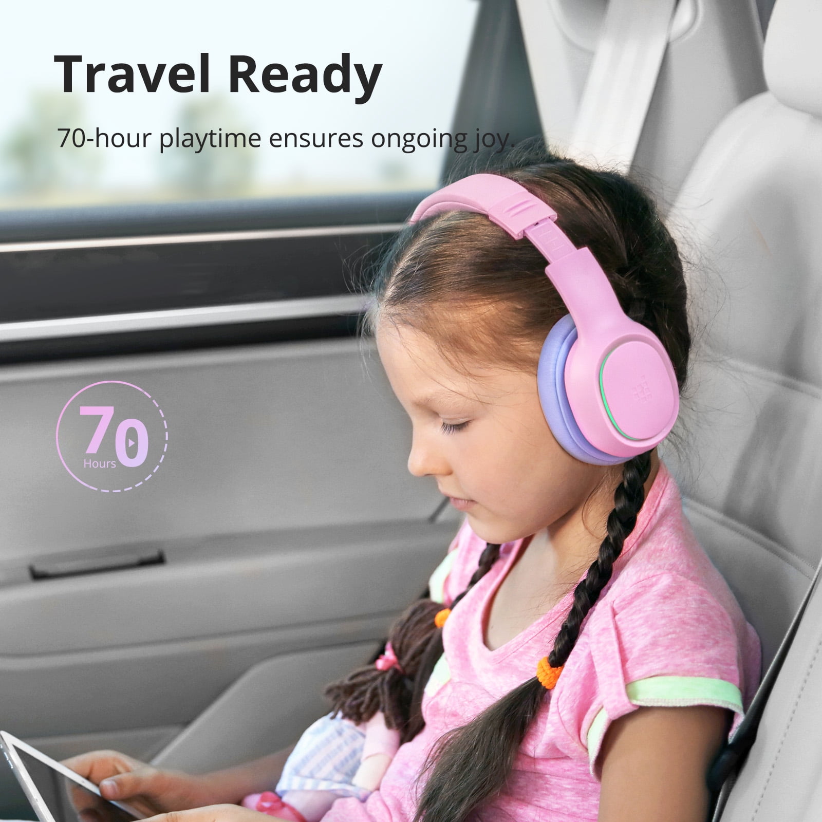 TRONSMART KH03 Children's Bluetooth Headphones, Safe Volume Control, Noise Reduction, Wireless Headphones with Light and Microphone, 70 Hours Playtime, Suitable for School/Travel/Airplane