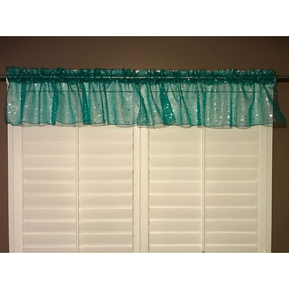 sheer organza window valance 58 wide teal with silver stars