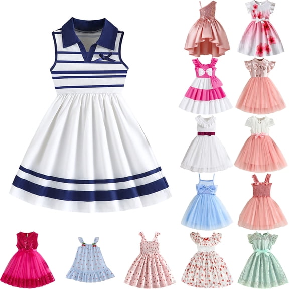 Toddlers Girls Cute Dresses Striped Print Sleeveless Pleated A Lined Midi Dress Summer Casual Going out Flowy Lightweight Dress, for 3 to 10 Years