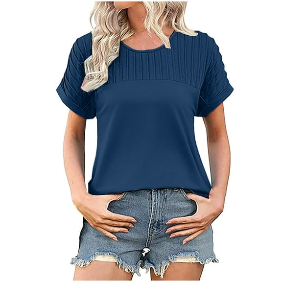 Womens Short Sleeve Tops Dressy Casual Blouse Short Pleated Short Sleeve Round Neck Cotton Shirts Summer Clothes Breathable Basic Loose Pullover Top