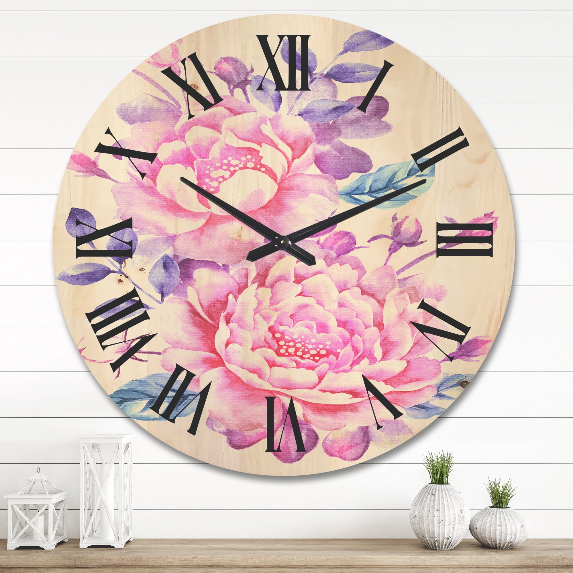 Designart 'Pink Retro Flowers With Blue Leaves On White' Traditional Wood Wall Clock