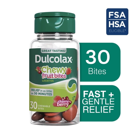 Dulcolax Saline Laxative Chewy Fruit Bites, Fast & Gentle Constipation Relief, Cherry Berry Flavor, Magnesium Hydroxide 600 mg, 30 Count