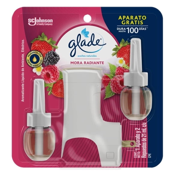 Aromatizante ambiental Glade eléctrico mora radiante 1 aparato y 2 repuestos de 21 ml c/u
