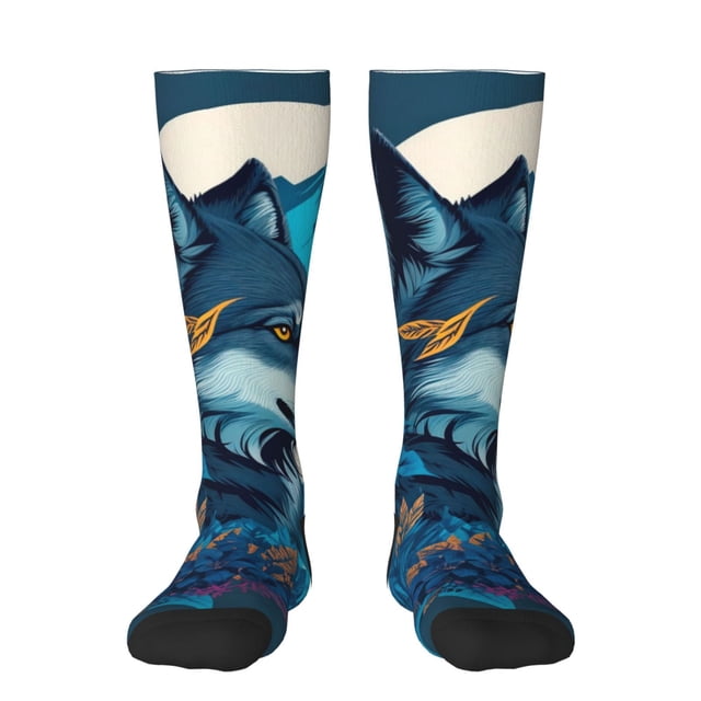 Fotbe Blue Iceberg Leaf Wolf Calcetas Divertidas Estampadas para Hombre y Mujer, Calcetas de Algodón hasta la Rodilla para Caminar, Correr, Enfermería y Embarazo