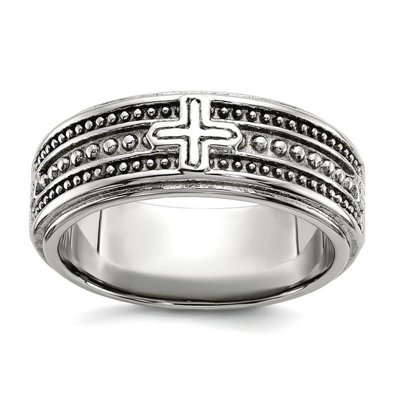 Stainless Steel Polished Religious Faith Cross 7.7mm Grooved Band Size 10 Ring for Women and Men