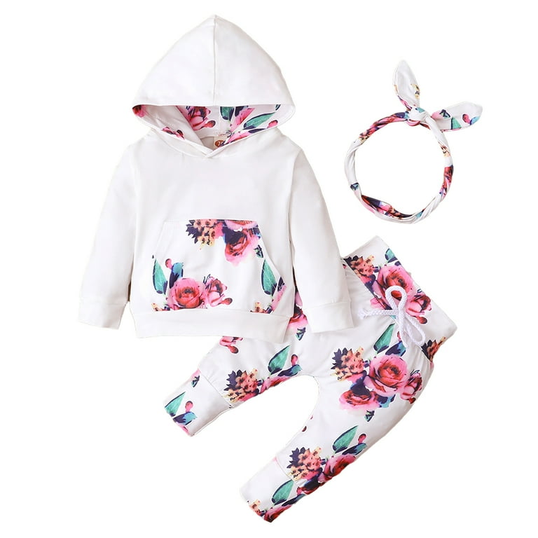 Godderr Baby Infant Girls Sweatshirt Tracksuit Outfits Crushed Flower Sweatsuits Jogging Suits with Hooodie 2PCS Winter Autumn Fleece Tracksuit Set