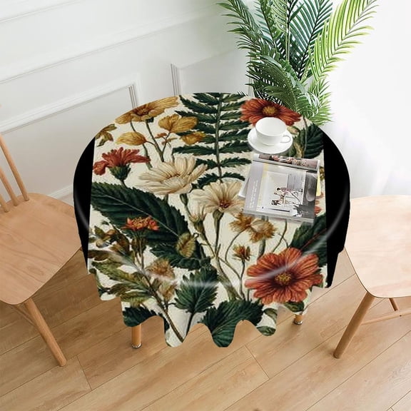 RKSupls 60 Inch Round Tablecloth, Vintage Botanical Flowers Premium Polyester Straight Edge Wrinkle Resistant Washable Table Cover for Party Home Dining Decor