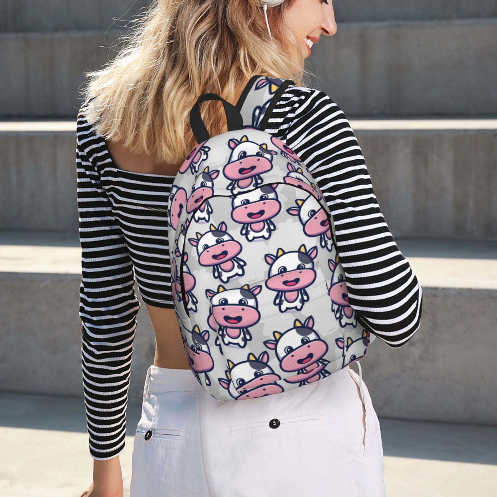 Ratiio Baby Cow Print Canvas Backpack for Women & Men Retro Aesthetic Rucksack Basic Backpack for High School/College Students Travel Laptop Bag