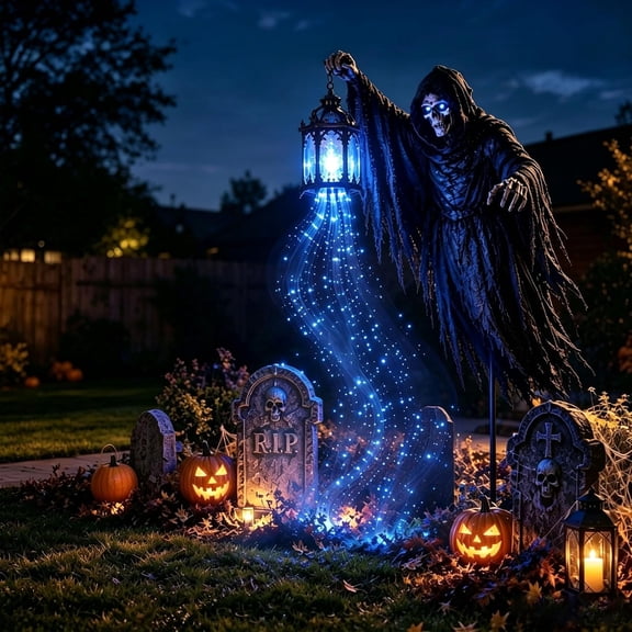 Halloween Soul Harvester Animated Garden Light, Glowing Ghost, Solar Powered Grim Reaper Lawn Stake with Flowing Blue LED Soul Effect,Waterproof Spooky Light for Yard, Pathway & Graveyard