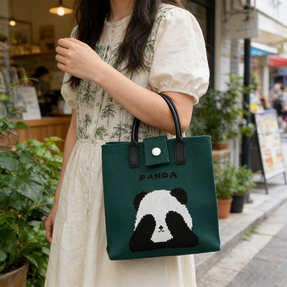 sruoe Cute Panda Print Polyester Tote Bag, Mini Square Tote with Soft Rubber Handles, Lightweight Reusable Handbag for Daily Errands, Shopping and Casual Outings