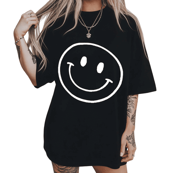 UNISHE Womens Casual Happy Face Sketch Graphic Short Sleeve Crewneck T-Shirt S-5XL Black Tops