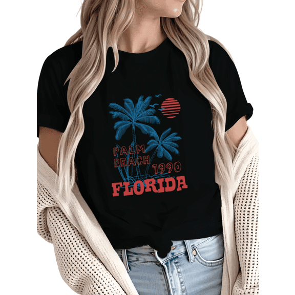 Giffimy Women's Palm Beach Florida 1990 Graphic Short Sleeve T-Shirt Casual Cotton Crewneck Top