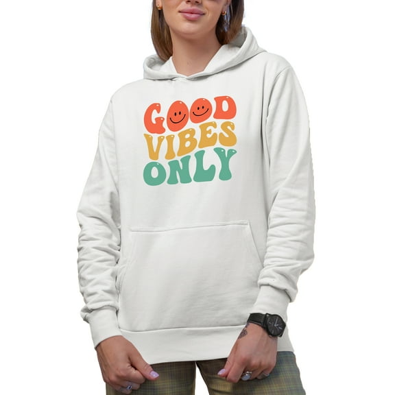 Good Vibes Only, Being Positive Quote, Groovy Retro Wavy Text Merch Gift, White Hooded Sweatshirt or Hoodie, Small