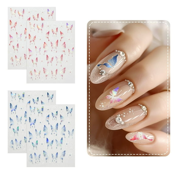 Wrapables 5D Embossed Colorful Flowers Nail Art Decal Stickers, Self Adhesive 3D Floral Design (Set of 4), Holographic Butterflies