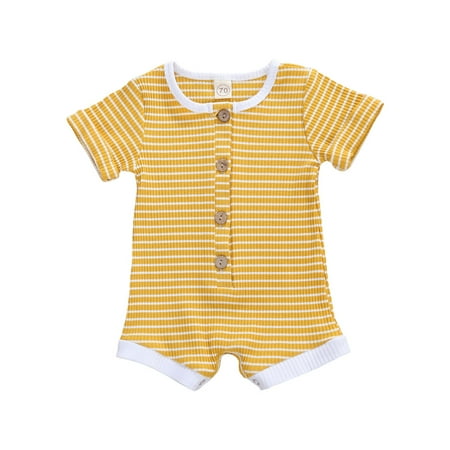 

Ribbed Knitted Baby Boys Girls Summer Romper Toddler Short Sleeve Striped Button Rompers Jumpsuits One-Pieces Sunsuits