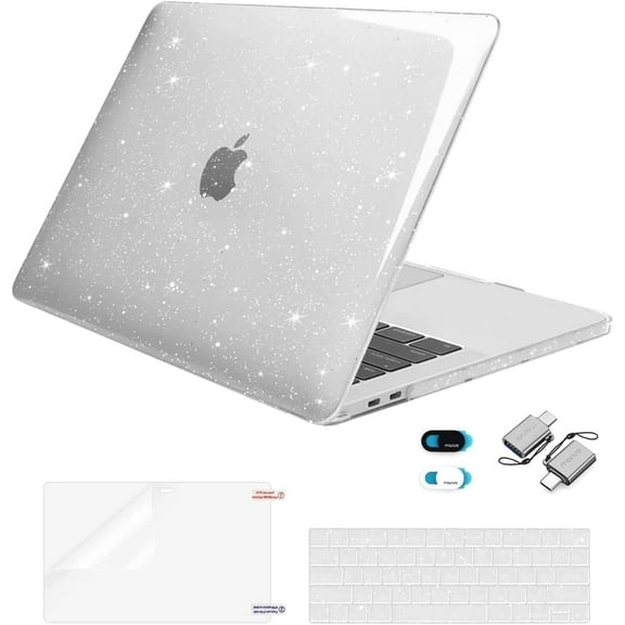 Mosiso Case for MacBook Pro 13 inch Case 2025-2016 M2 A2338 M1 A2251 A2289 A2159 A1989 A1708 A1706, Glitter Plastic Hard Case&Keyboard Skin&Screen Film&Webcam Cover&Type C Adapter, Transparent