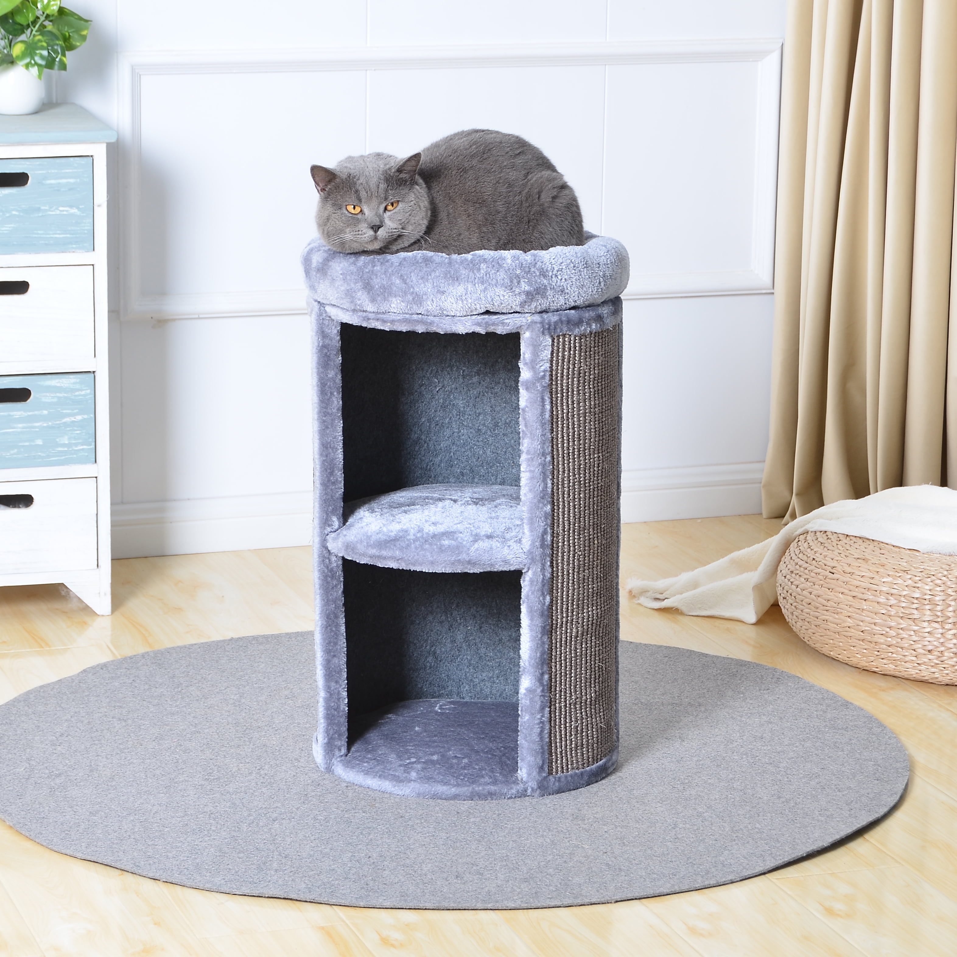Two by Two Juniper Two-Level 25.5-inch Column Style Cat Condo, Bed and Scratch Pad