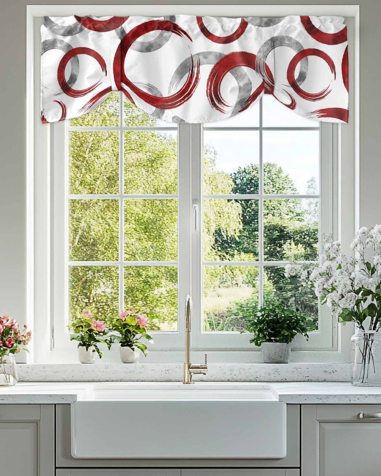 Vintage Red Gray Circle Lines Tie Up Valances Curtain, Adjustable Kitchen Abstract Art White Background Valances for Windows Decor, Rod Pocket Short Curtains Set for Bedroom/Bathroom, 54"x18"