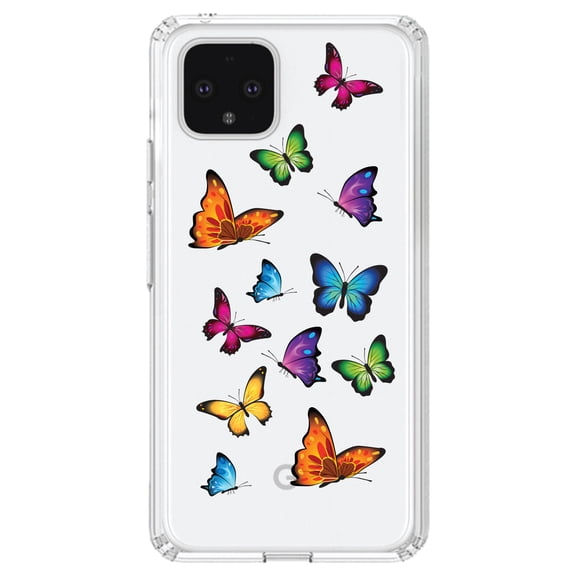 DistinctInk Clear Shockproof Hybrid Case for Google Pixel 4 (6.1" Screen) - TPU Bumper Acrylic Back Tempered Glass Screen Protector - Rainbow Butterflies Butterfly
