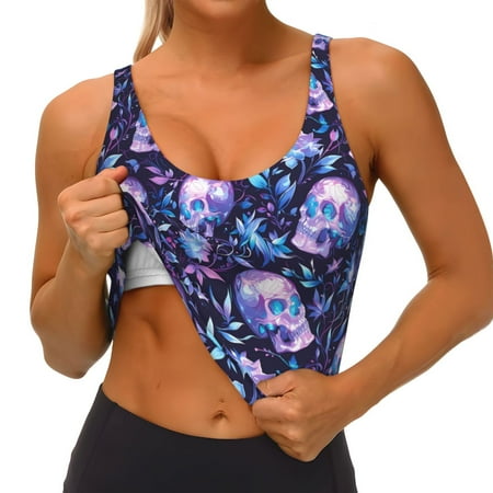 Qokaie Blue Skull Crystal Pattern Womens Scoop Neck Sports Bra Breathable Workout Vest Padded U Back Medium Impact Fitness Gym Yoga Bra Workout Crop Top