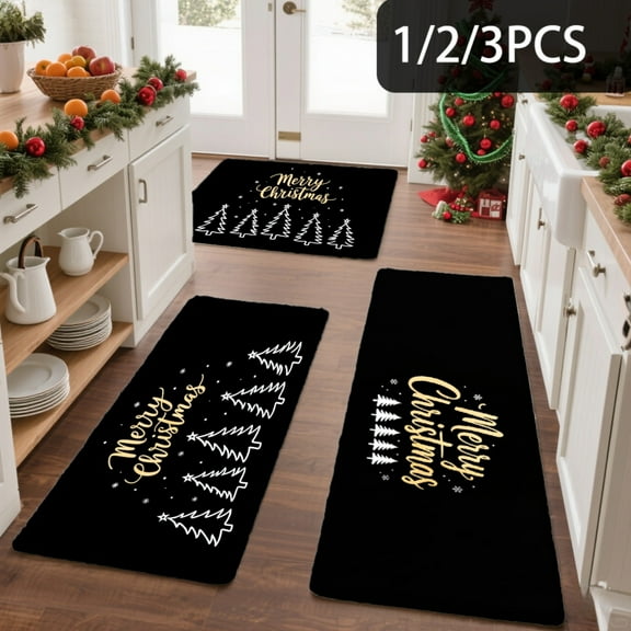 3PCS Kitchen Mat set, Welcome Door Flannel Rug,Home Decor for Front Door,Kitchen, Bathroom, Merry Christmas Tree Pattern With Gold Lettering And White Accents ,Great