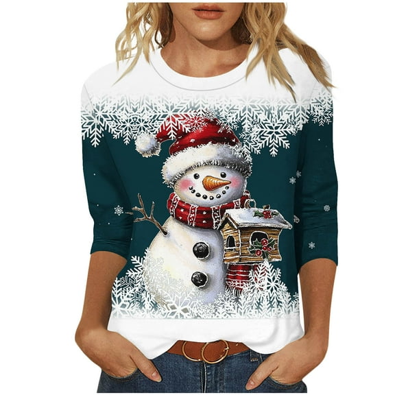 Christmas Shirt for Womens 3/4 Length Sleeve TShirts Cute Christmas Snowman Graphic Printed Blouses Crewneck Tunic Tops Loose Pullover Top Plus Size