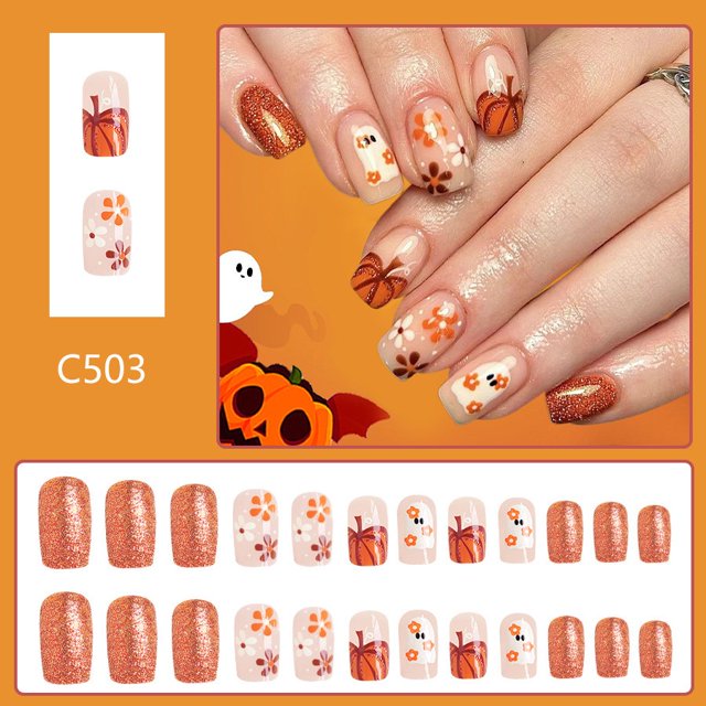 Pisexur Belleza Maquillaje Uñas postizas cuadradas cortas con diseño de cara brillante, fantasma, flor, calabaza, linda calabaza francesa de Halloween, 24 piezaspara mujeres y hombres