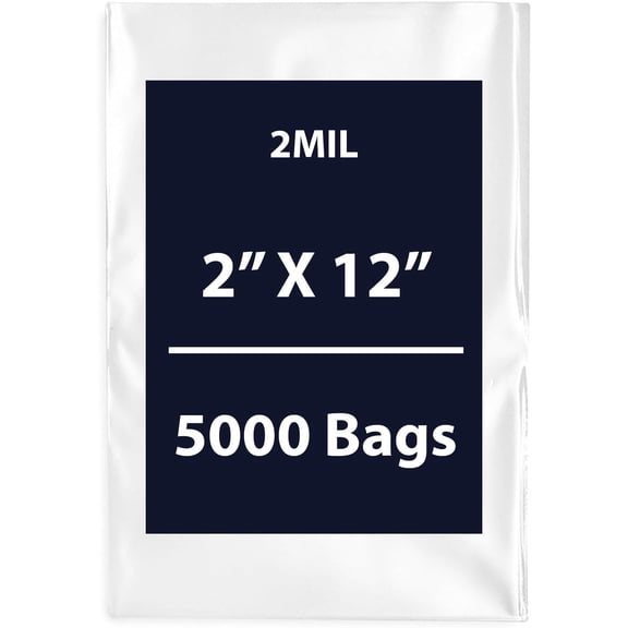 Clear Flat Poly Bags, 2Mil 2" X 12" & 5000 Bags | Low-Density Polyethylene (LDPE), Flat Open Top Plastic Packaging Packing | Flexible and Durable Plastic Bags